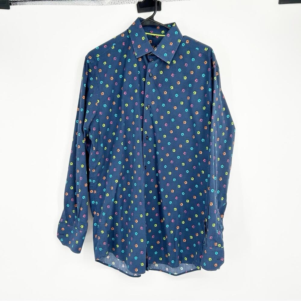LUCHIANO VISCONTI Navy Blue Rainbow‎ Flower Long Sleeve Button Up Dress Shirt M